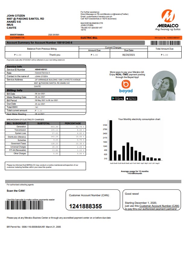 Philippines Meralco electricity utility bill template in Word and PDF format, version 2